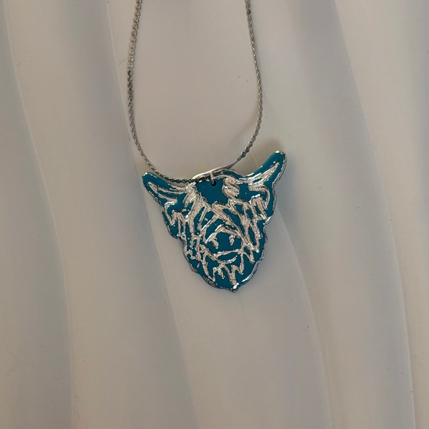 Della Stainless Steel Teal Highland Cow Handmade Necklace