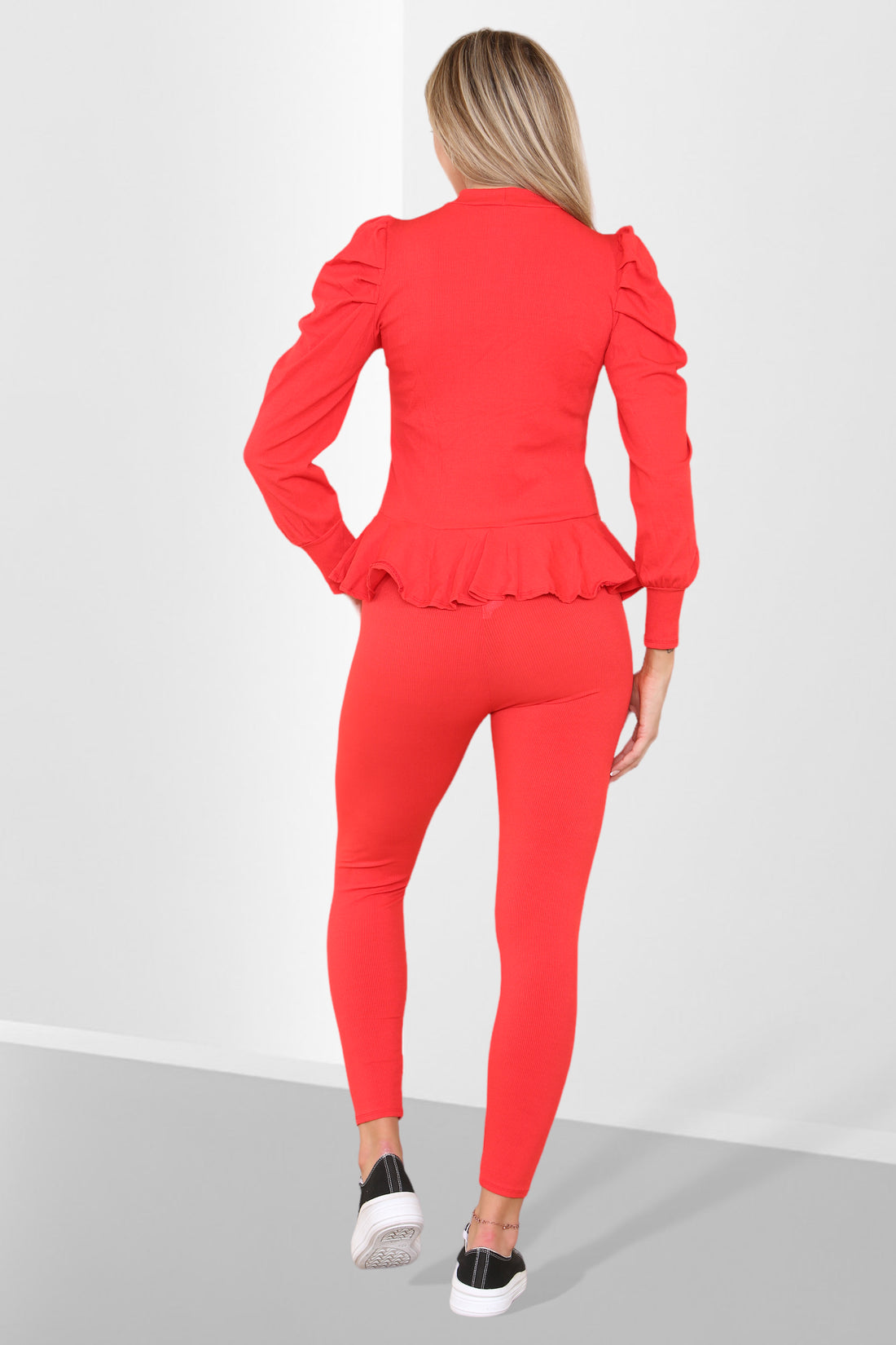 Puff Sleeves Set Frill Hem Peplum Ribbed Lounge Wear Suit