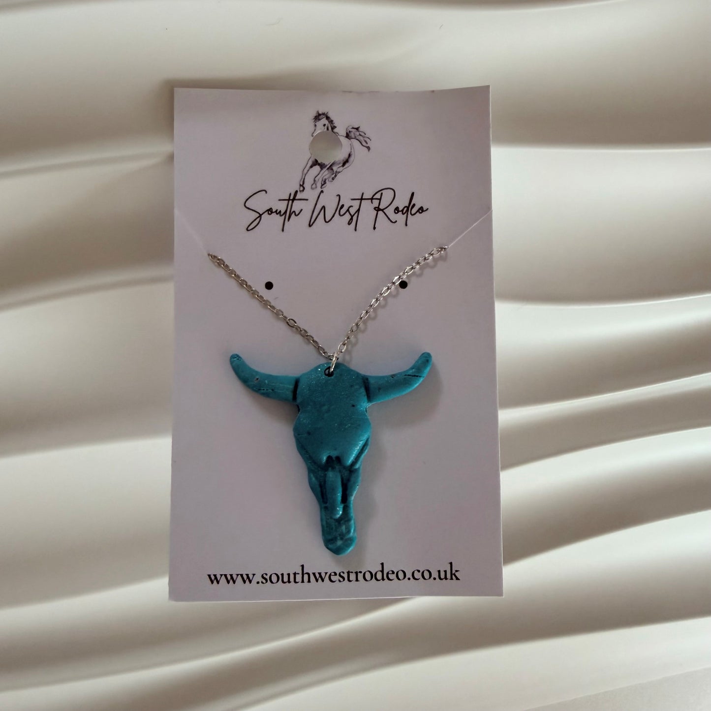 Teal Silver 925 Cow Skull Handmade Necklace