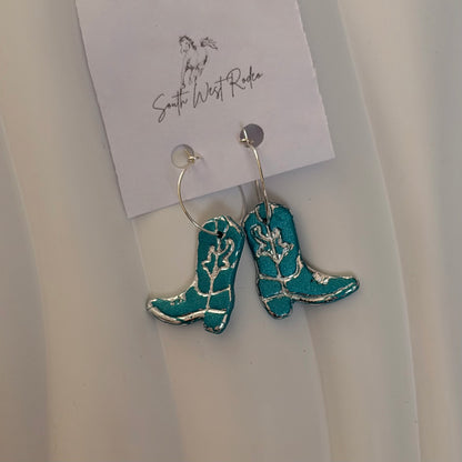 Azalia Silver Plated Hoops Teal Cowboy Boot Handmade Earrings