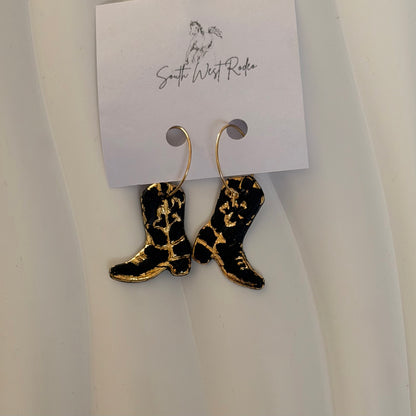 Azalia Gold Plated Hoops Black Cowboy Boot Handmade Earrings