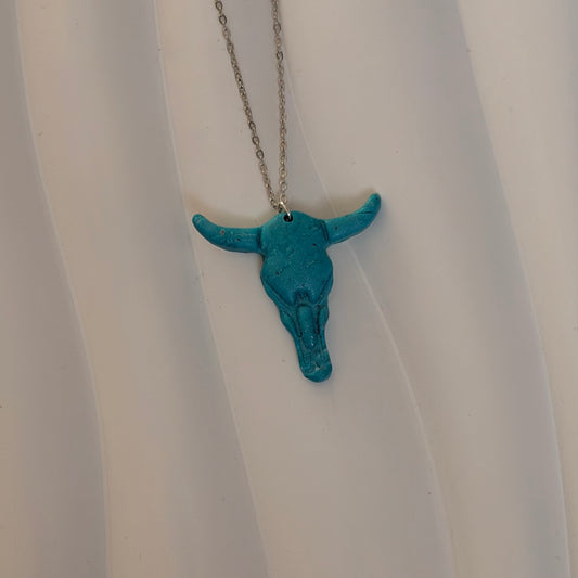 Elsie Stainless Steel Teal Cow Skull Handmade Necklace