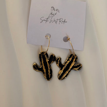 Beatrice Gold Plated Hoops Black Cactus Handmade Earrings