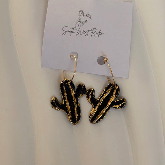 Beatrice Gold Plated Hoops Black Cactus Handmade Earrings