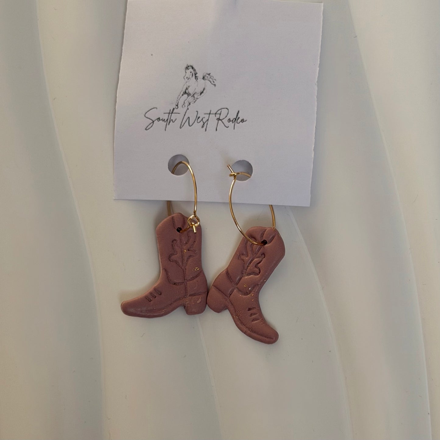 Azalia Gold Plated Hoops Pink Cowboy Boot Handmade Earrings
