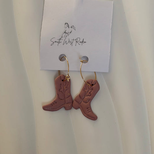 Azalia Gold Plated Hoops Pink Cowboy Boot Handmade Earrings
