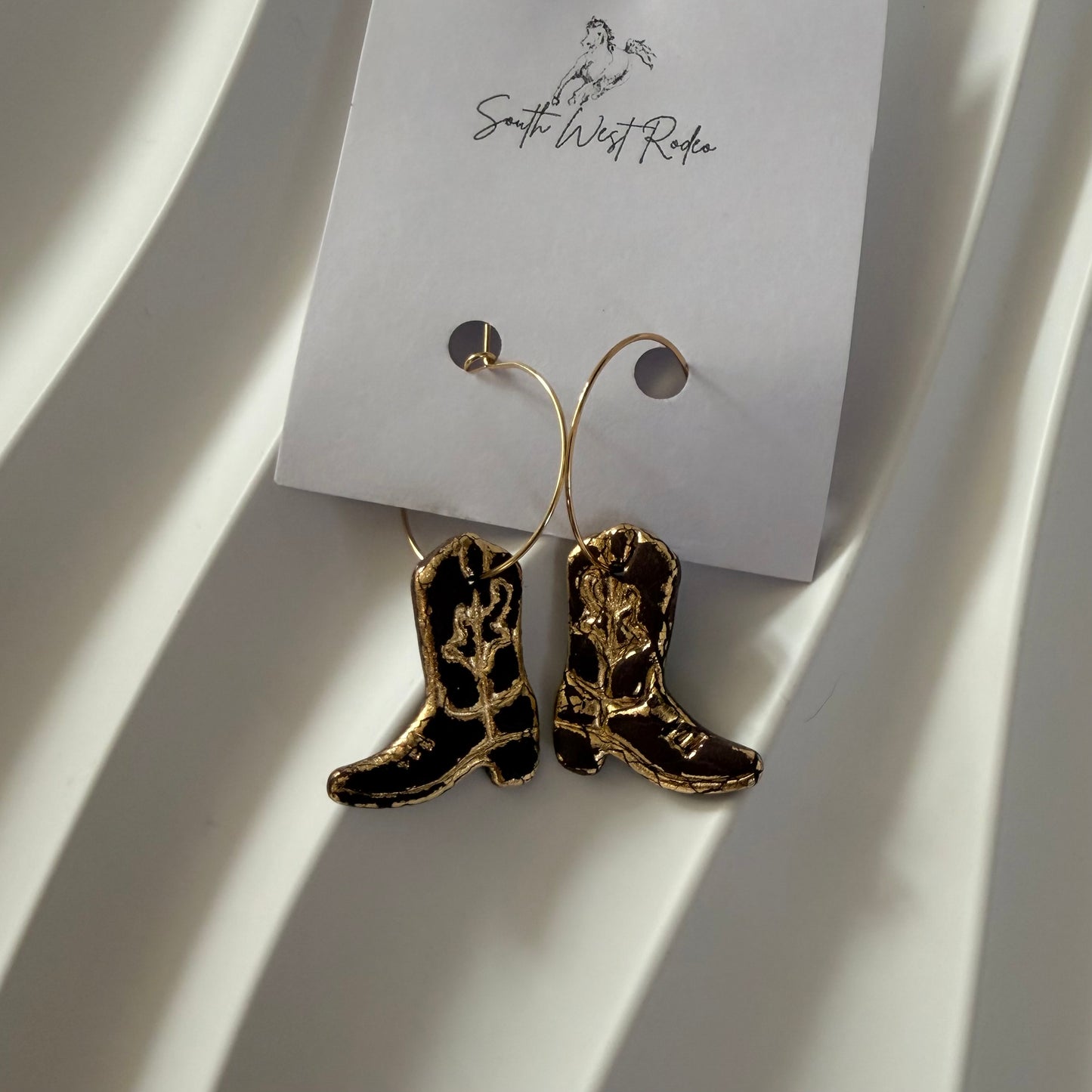 Azalia Gold Plated Hoops Brown Cowboy Boot Handmade Earrings
