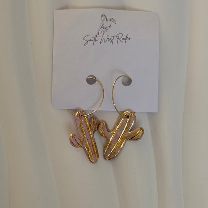 Beatrice Gold Plated Hoops Pink Cactus Handmade Earrings