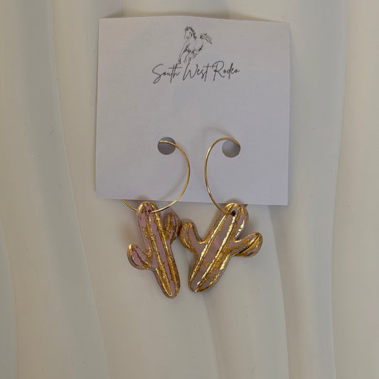 Beatrice Gold Plated Hoops Pink Cactus Handmade Earrings