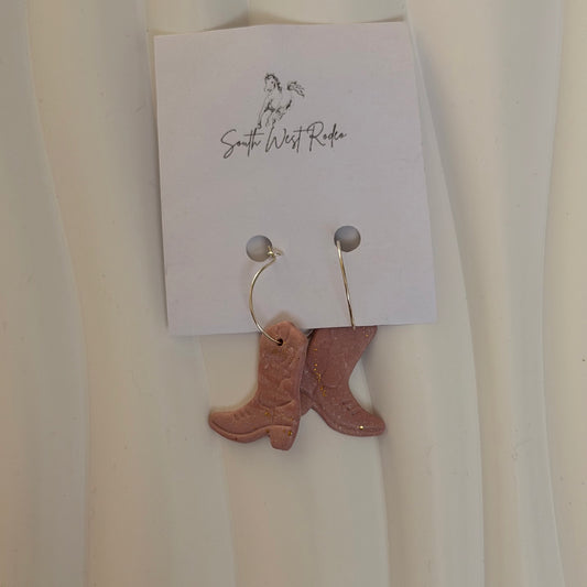 Azalia Silver Plated Hoops Pink Cowboy Boot Handmade Earrings