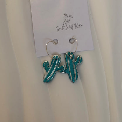 Azalia Silver Plated Hoops Teal Cowboy Boot Handmade Earrings