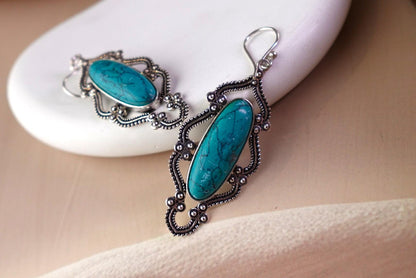 Mystic Oasis Drops - Vintage Silver Earrings with Turquoise & Labradorite Accents.