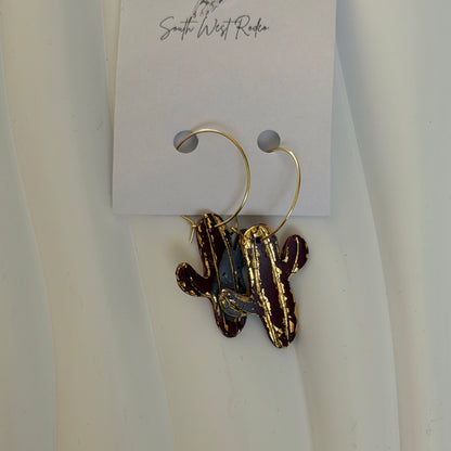 Beatrice Gold Plated Hoops Burgundy Cactus Handmade Earrings