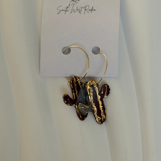 Beatrice Gold Plated Hoops Burgundy Cactus Handmade Earrings