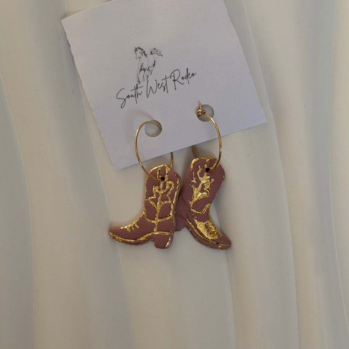 Azalia Gold Plated Hoops Pink Cowboy Boot Handmade Earrings