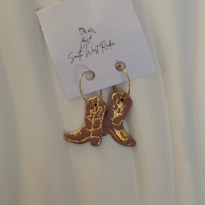 Azalia Gold Plated Hoops Pink Cowboy Boot Handmade Earrings