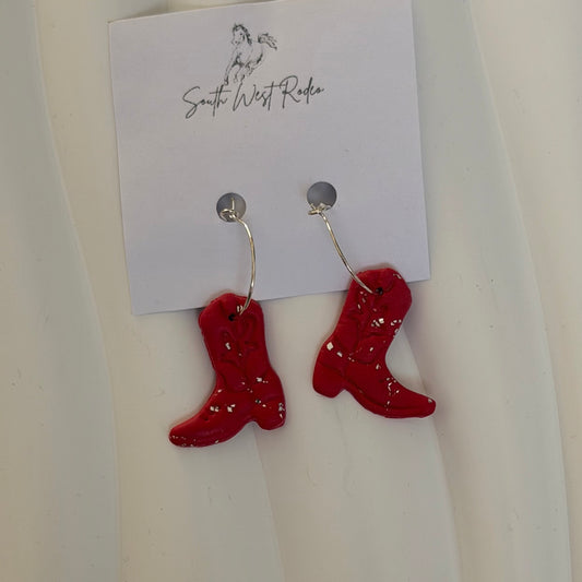 Azalia Silver Plated Hoops Red Cowboy Boot Handmade Earrings
