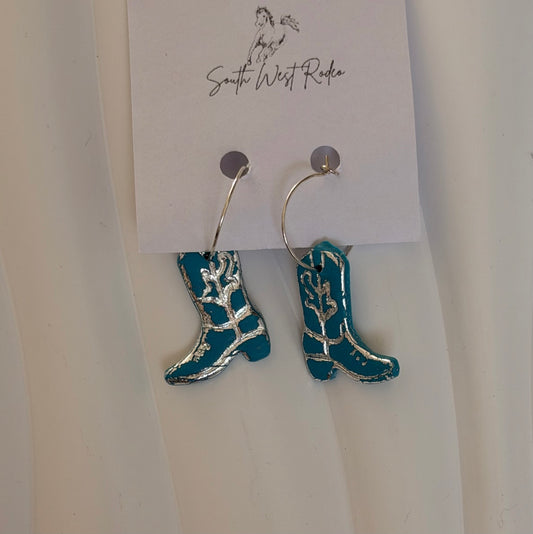 Azalia Silver Plated Hoops Teal Cowboy Boot Handmade Earrings