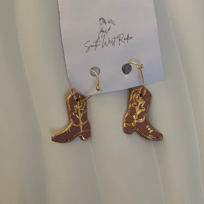 Azalia Gold Plated Hoops Pink Cowboy Boot Handmade Earrings