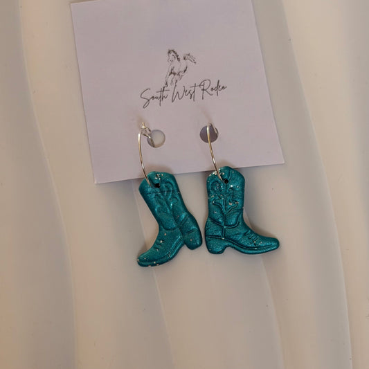 Azalia Silver Plated Hoops Teal & Silver Fleck Cowboy Boot Handmade Earrings
