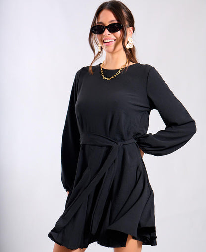 Black Crepe Belted Fit and Flare Dress