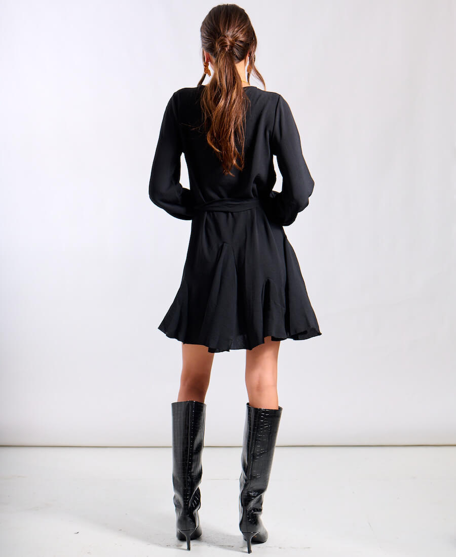 Black Crepe Belted Fit and Flare Dress