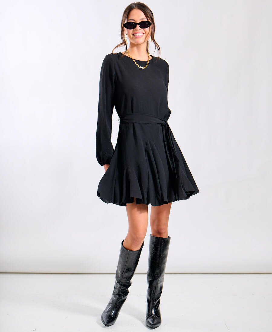 Black Crepe Belted Fit and Flare Dress