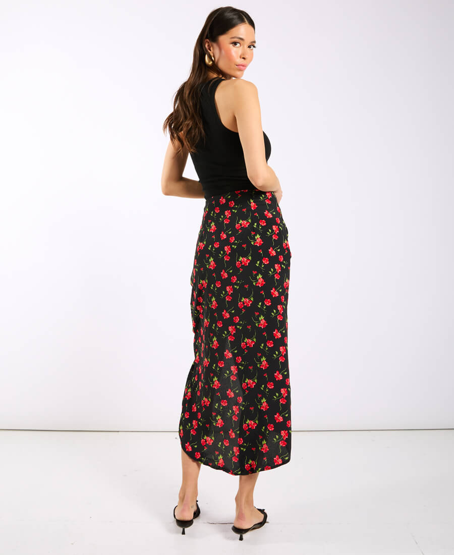 Black Floral Ruche Side Midi Skirt