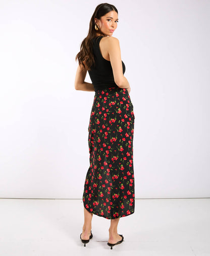 Black Floral Ruche Side Midi Skirt