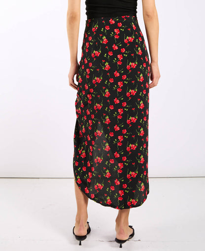 Black Floral Ruche Side Midi Skirt