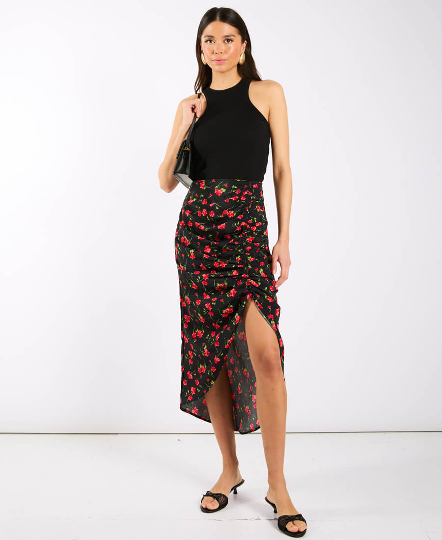 Black Floral Ruche Side Midi Skirt