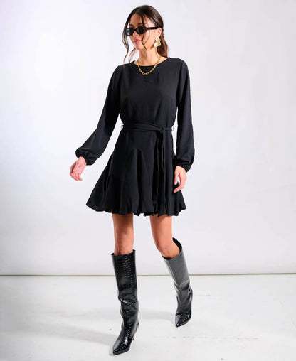 Black Crepe Belted Fit and Flare Dress