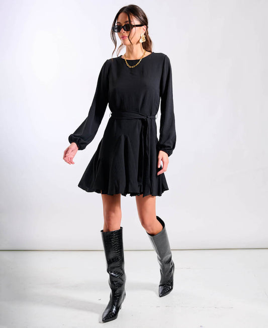 Black Crepe Belted Fit and Flare Dress