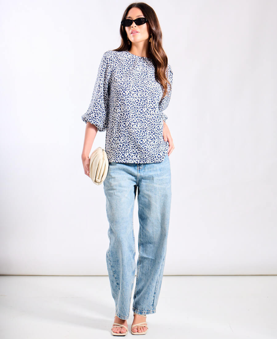 Blue Animal Puff Sleeve Blouse