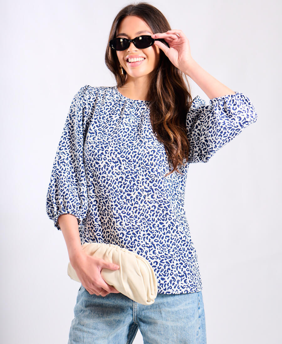 Blue Animal Puff Sleeve Blouse