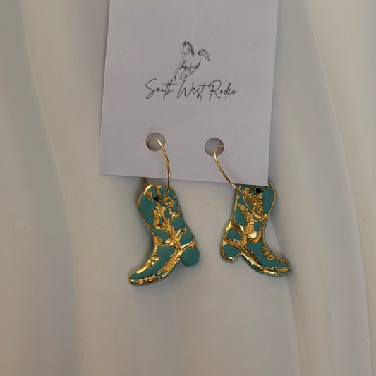 Azalia Gold Plated Hoops Ocean Blue Cowboy Boot Handmade Earrings