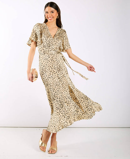 Cream Animal Printed Satin Wrap Midi Dress