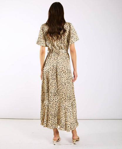 Cream Animal Printed Satin Wrap Midi Dress