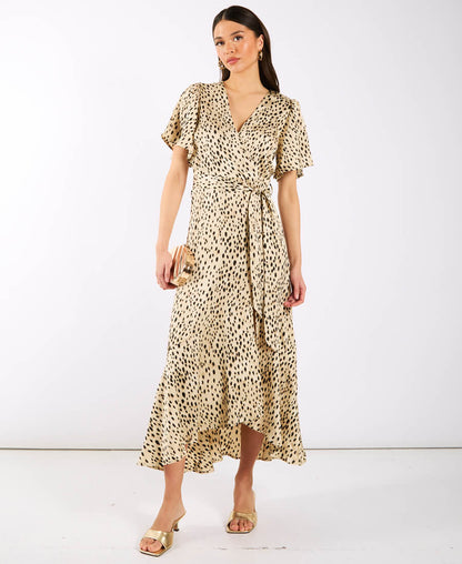 Cream Animal Printed Satin Wrap Midi Dress