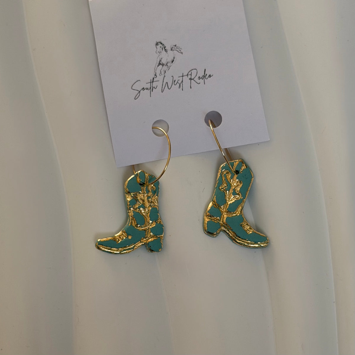 Azalia Gold Plated Hoops Ocean Blue Cowboy Boot Handmade Earrings