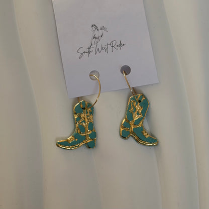 Azalia Gold Plated Hoops Ocean Blue Cowboy Boot Handmade Earrings