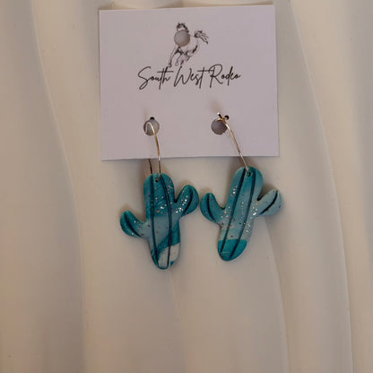 Beatrice Silver Plated Hoops Teal, White & Silver Fleck Cactus Handmade Earrings