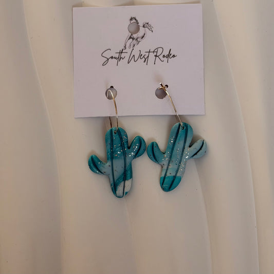 Beatrice Silver Plated Hoops Teal, White & Silver Fleck Cactus Handmade Earrings