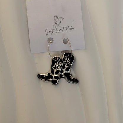 Azalia Silver Plated Hoops Black Cowboy Boot Handmade Earrings