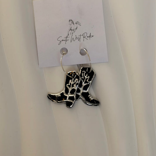 Azalia Silver Plated Hoops Black Cowboy Boot Handmade Earrings