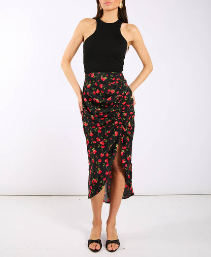 Black Floral Ruche Side Midi Skirt