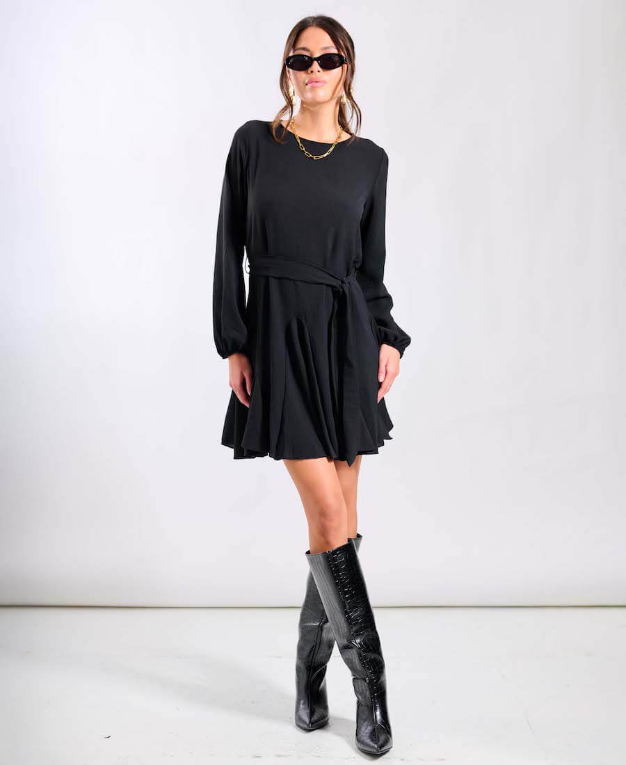 Black Crepe Belted Fit and Flare Dress