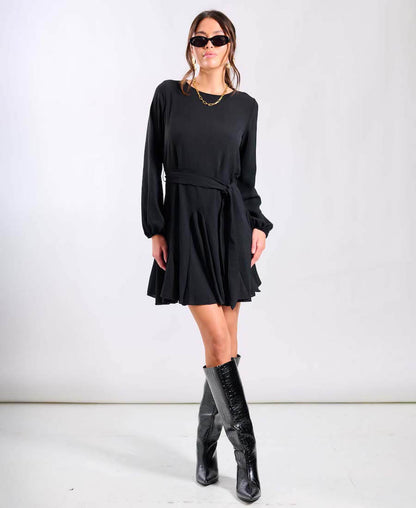 Black Crepe Belted Fit and Flare Dress