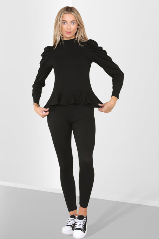 Puff Sleeves Set Frill Hem Peplum Ribbed Lounge Wear Suit