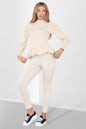 Puff Sleeves Set Frill Hem Peplum Ribbed Lounge Wear Suit